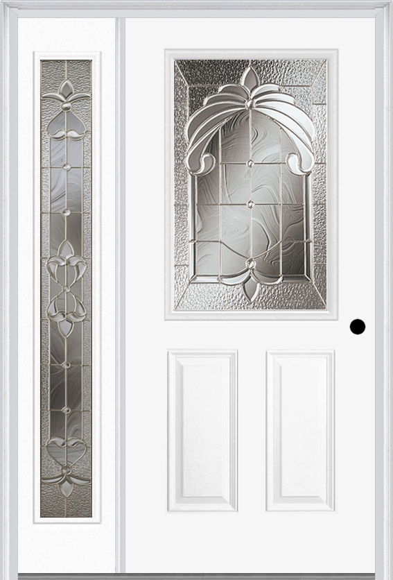 MMI 1/2 Lite 2 Panel 6'8" Fiberglass Smooth Expressions Satin Nickel Exterior Prehung Door With 1 Full Lite Expressions Satin Nickel Decorative Glass Sidelight 684